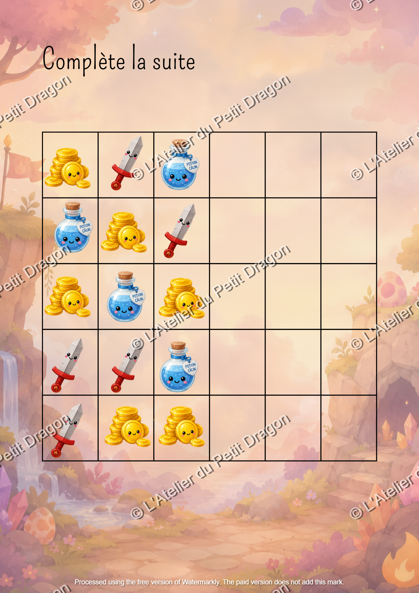 🐉 Complète la suite – Jeu de logique à imprimer | Activité maternelle dragon fantasy