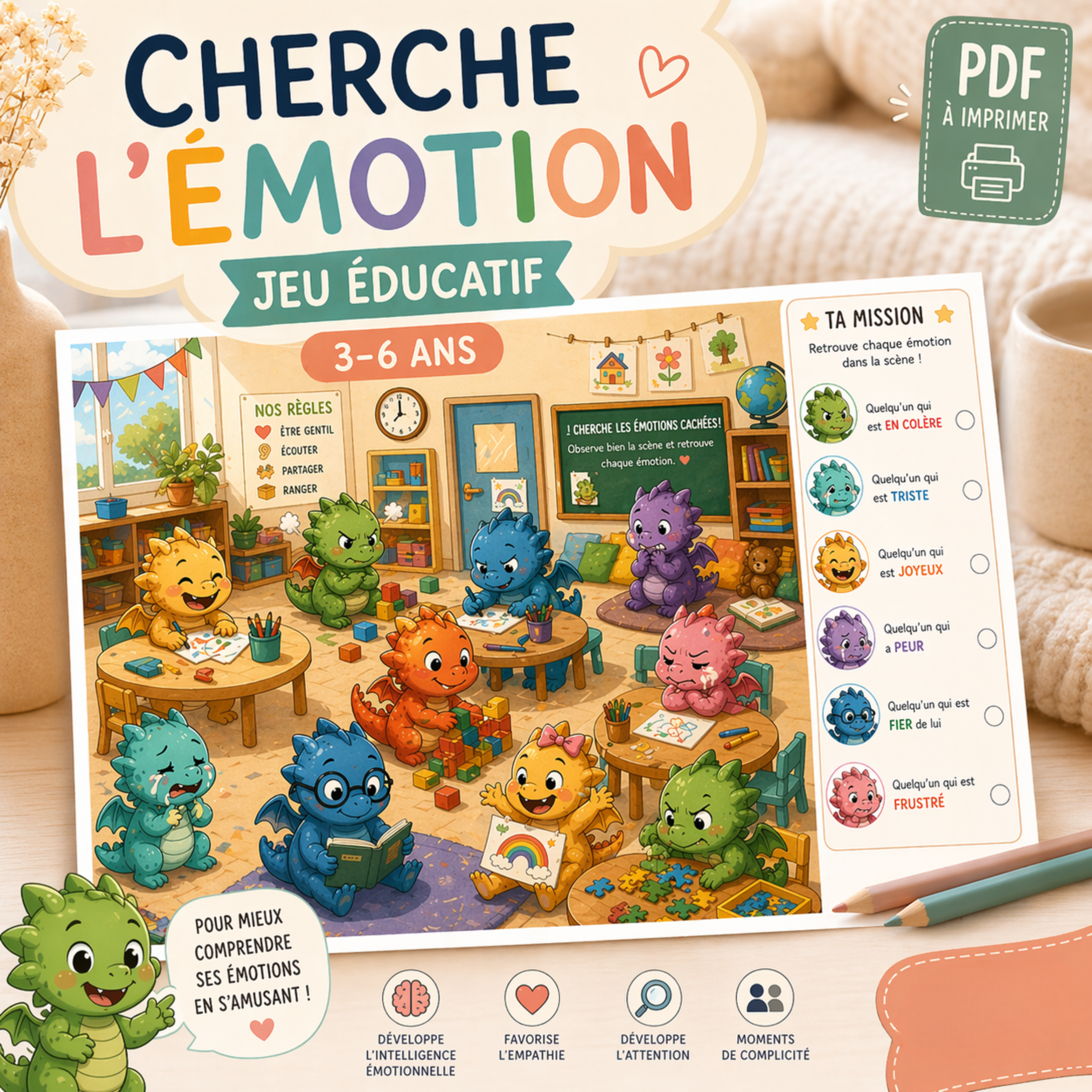 Jeu cherche et trouve émotions enfant | activité Montessori émotions | printable enfant | gestion émotions | jeu éducatif 3-6 ans