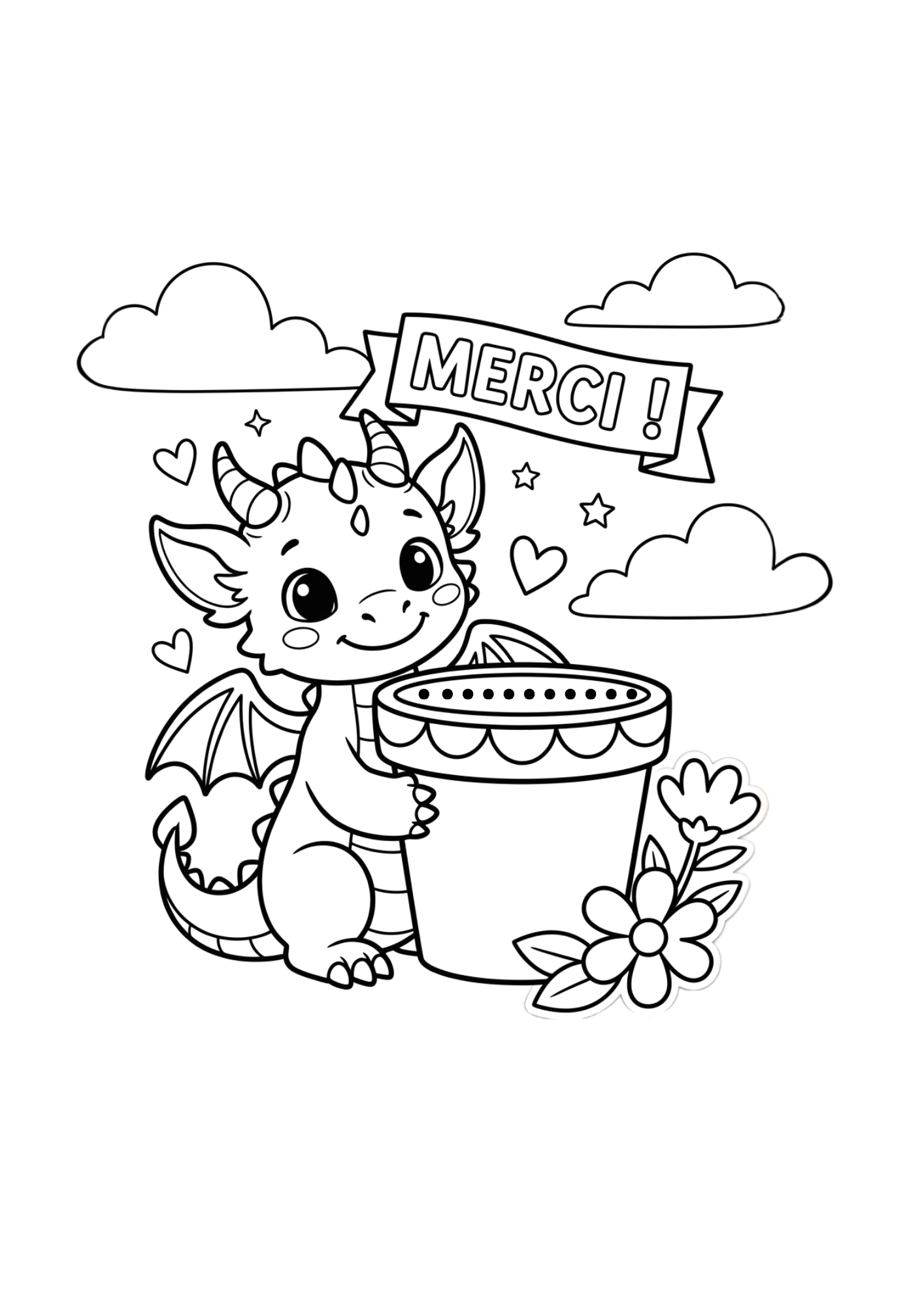 Coloriage Enfant Dragon Mignon "Merci" - PDF À Imprimer & Télécharger