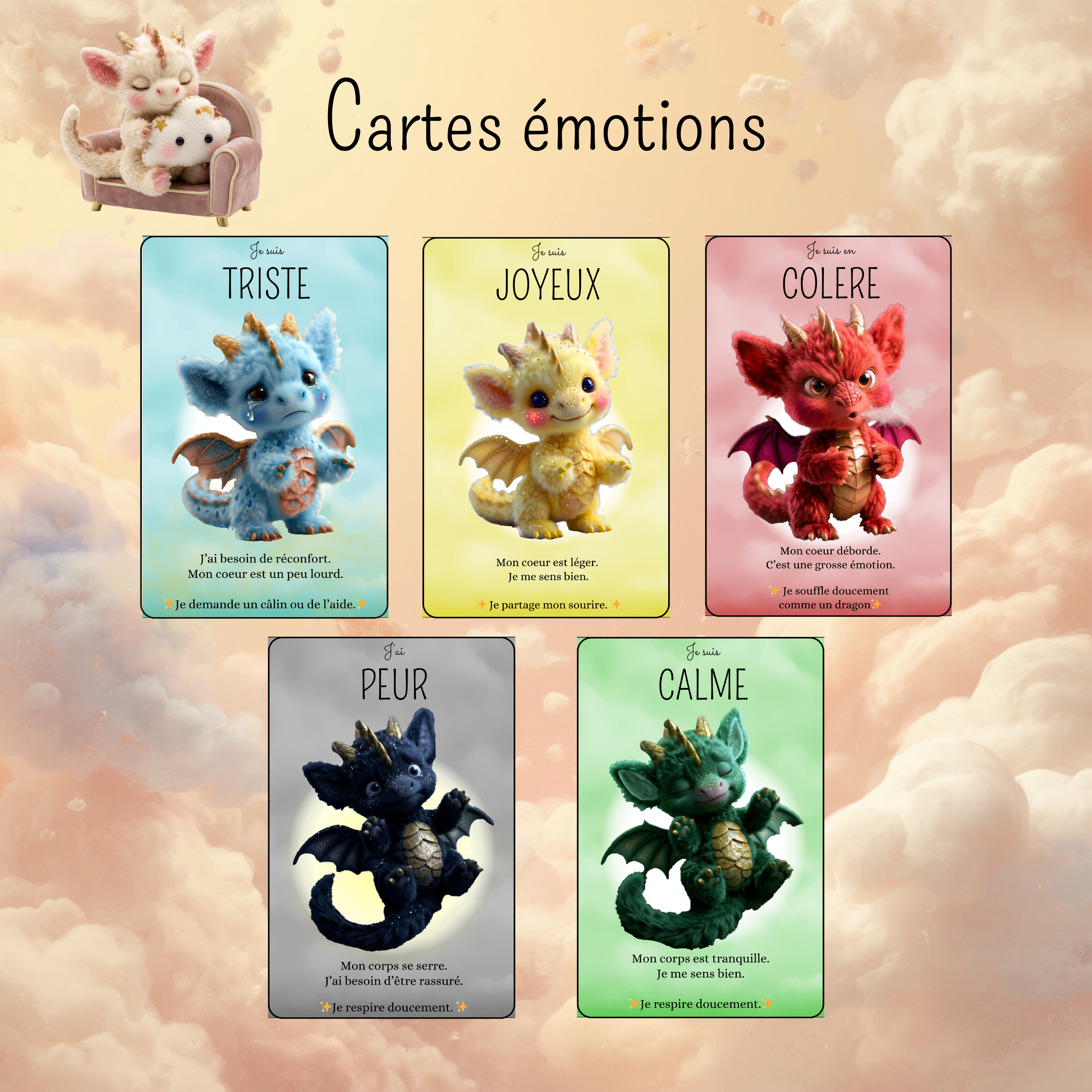Children's Emotions Kit | Cards + Dragon Method to soothe anger, fear, and sadness | Educational tool for children | Calm routine