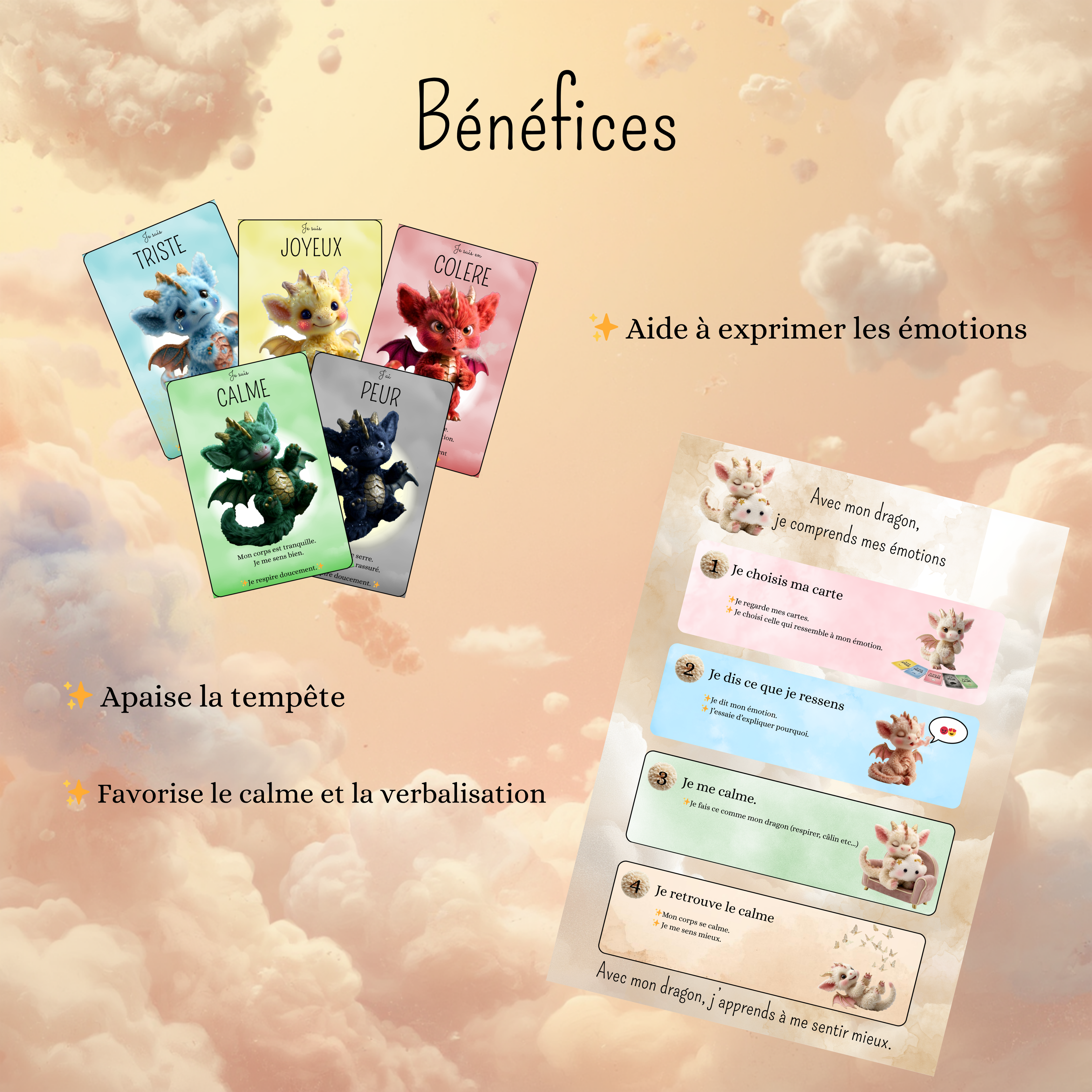 Children's Emotions Kit | Cards + Dragon Method to soothe anger, fear, and sadness | Educational tool for children | Calm routine