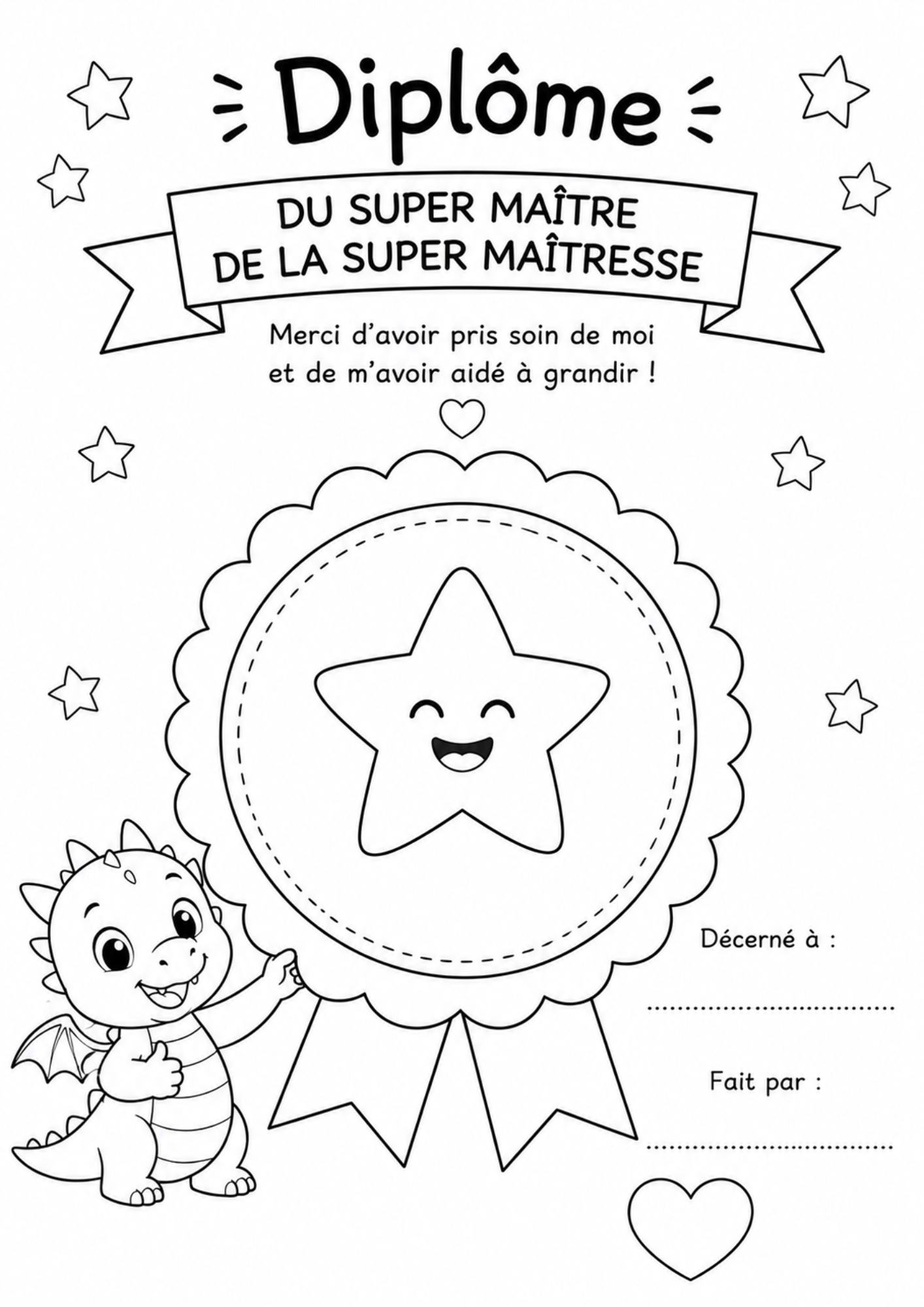 Diplôme Maître Maîtresse à Colorier PDF | Cadeau Fin d'Année Scolaire Enfant à Imprimer