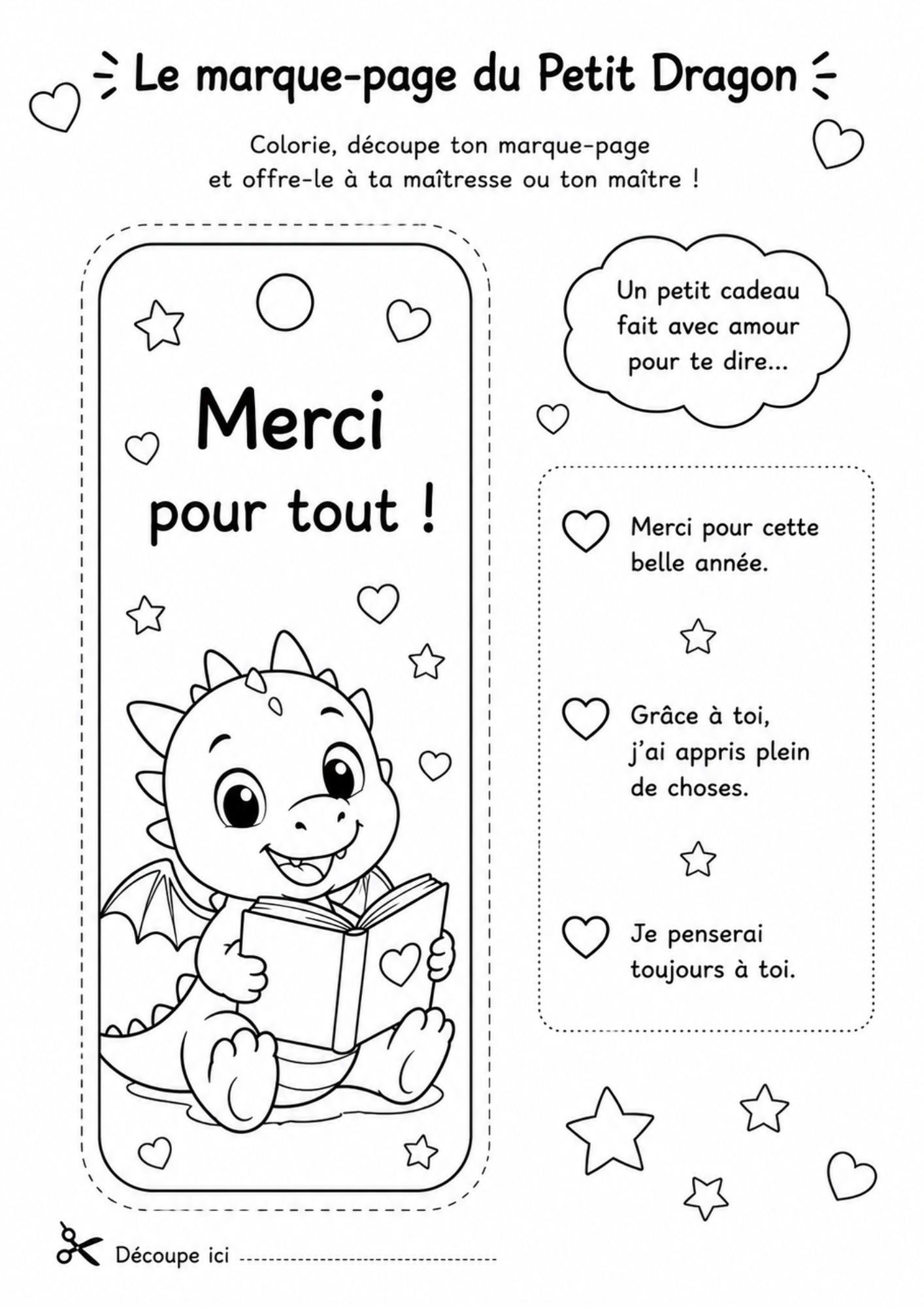 Marque-Page à Colorier Petit Dragon - Cadeau Fin d'Année Maître et Maîtresse | PDF Imprimable