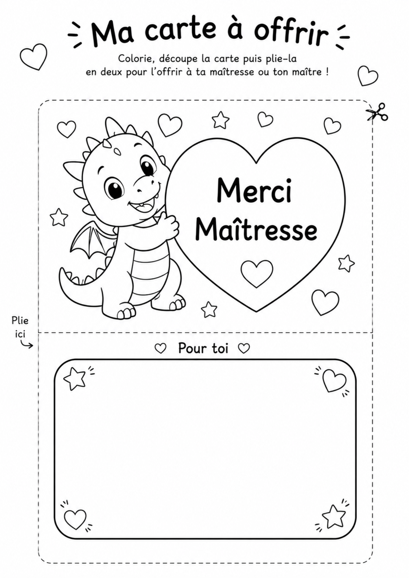 Carte Maîtresse à Colorier et Imprimer - Cadeau Fin d'Année Scolaire DIY Enfant - PDF