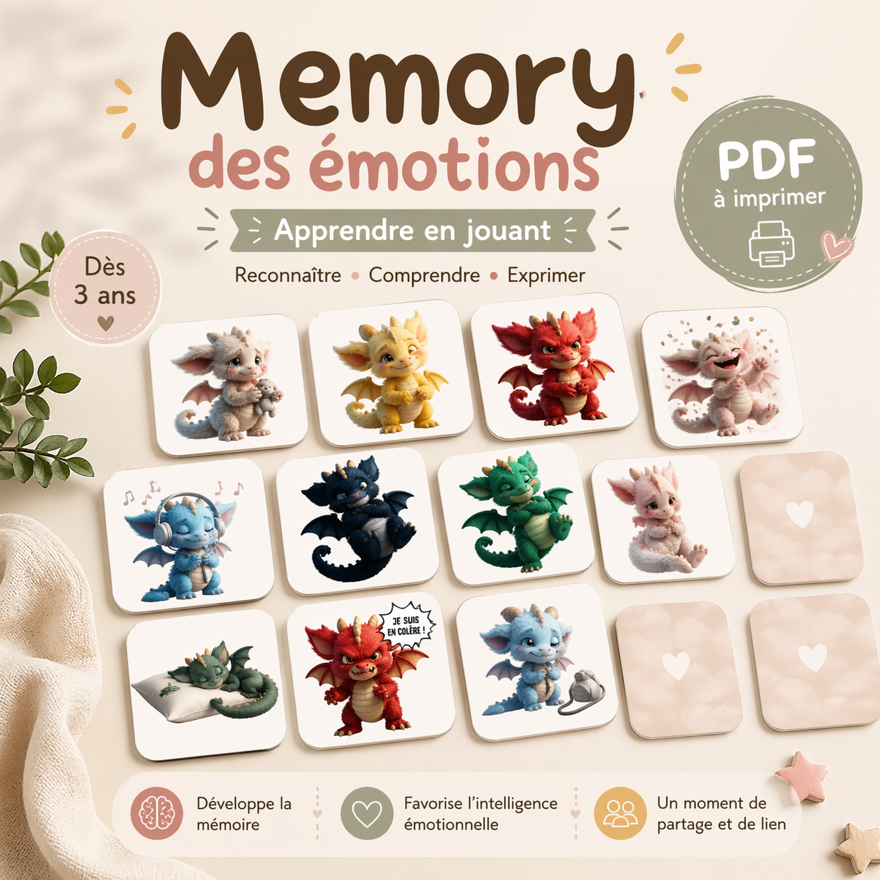 Memory des émotions enfant – Jeu éducatif à imprimer – Cartes émotions enfants – Apprendre à reconnaître ses émotions – PDF instantané