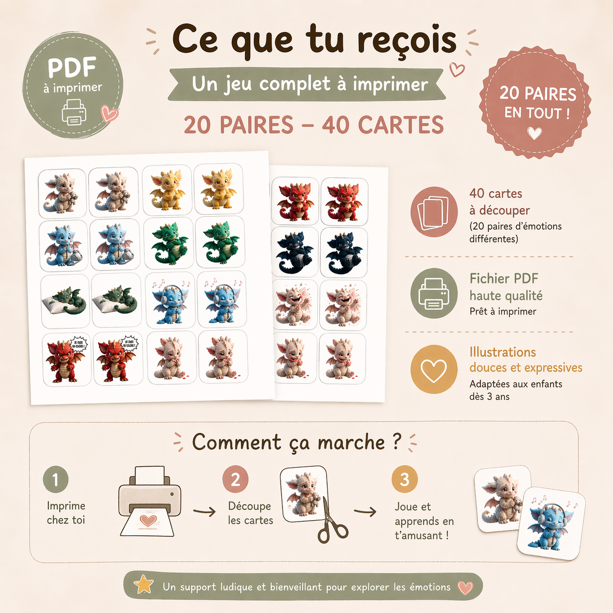 Memory des émotions enfant – Jeu éducatif à imprimer – Cartes émotions enfants – Apprendre à reconnaître ses émotions – PDF instantané