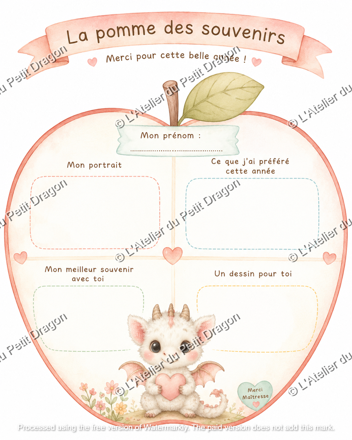 La Pomme des Souvenirs – Fiche souvenir à remplir | Cadeau maîtresse fin d'année | À imprimer