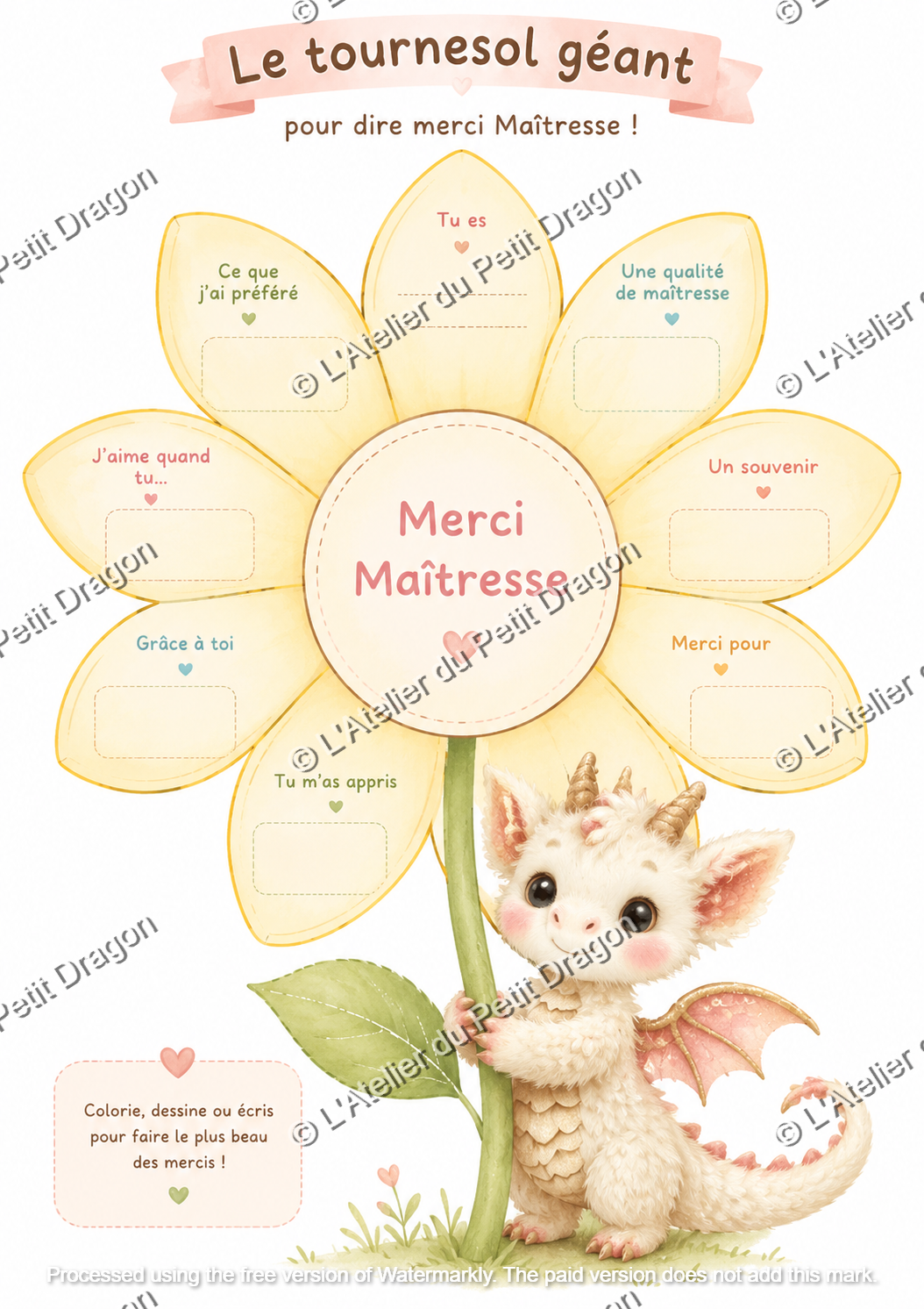 Le Tournesol Géant Merci Maîtresse – Affiche souvenir à remplir | Cadeau fin d'année | PDF à imprimer