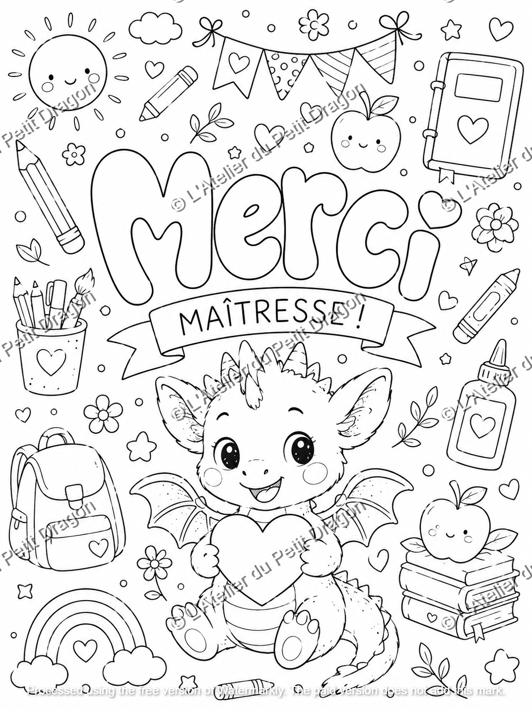Coloriage Merci Maîtresse – Grand format à colorier | Cadeau enfant école | PDF à imprimer