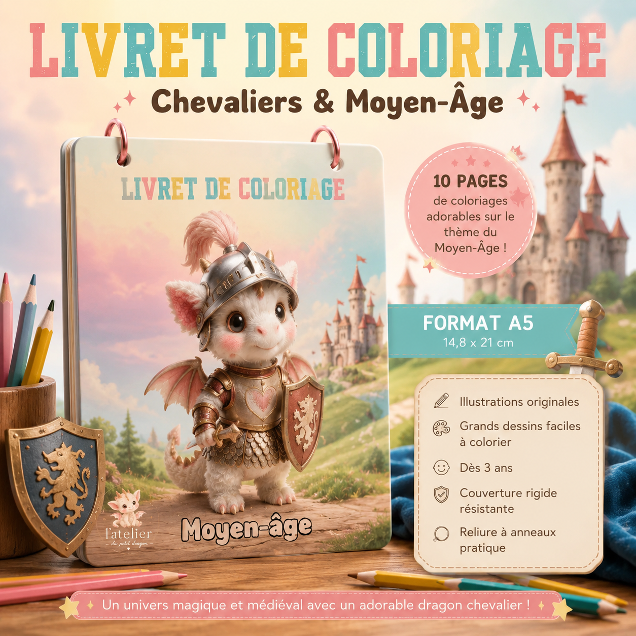 ⚔️ "Knights & Middle Ages" Coloring Book | Kawaii Dragon | Kids' A5 PDF Activity