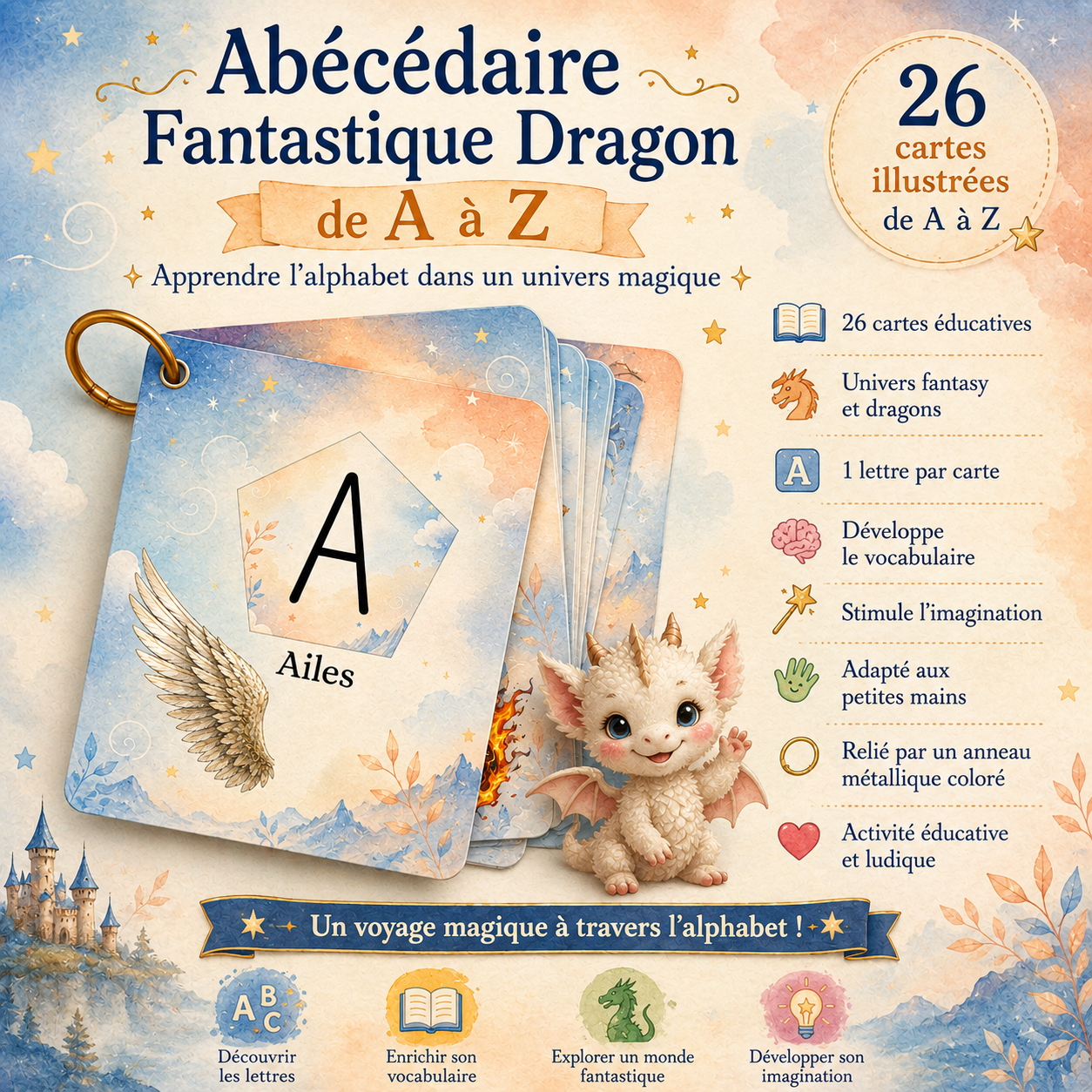 Abécédaire Fantastique Dragon de A à Z | 26 cartes éducatives reliées par anneau | Apprentissage alphabet | Univers fantasy pour enfants | Montessori