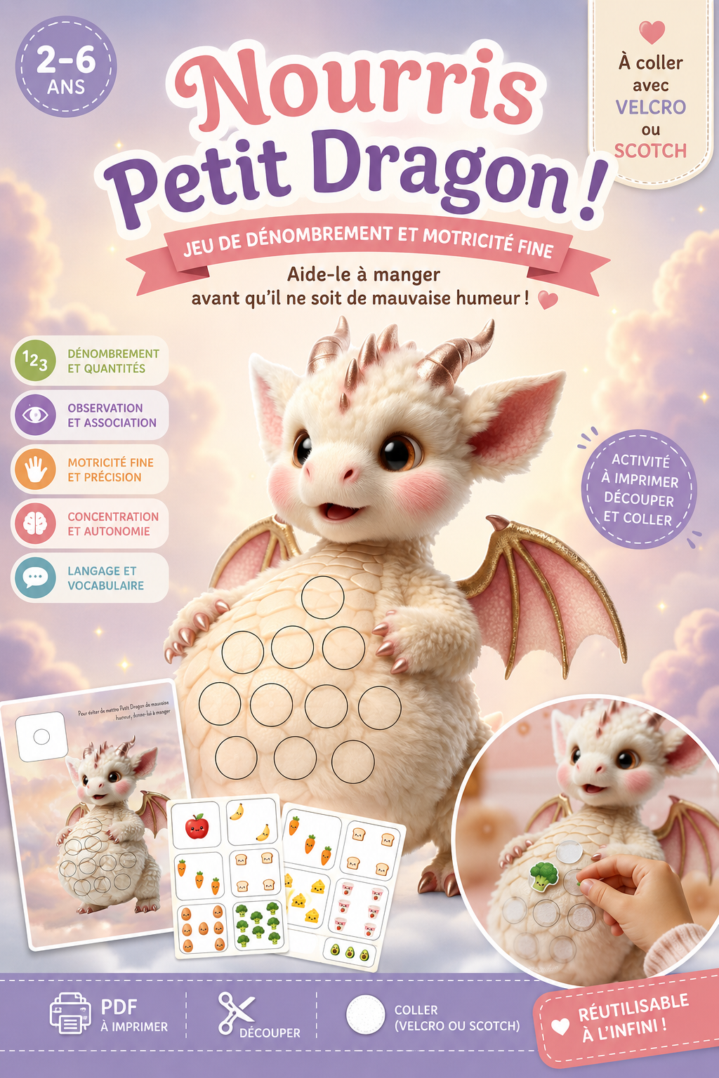🐉 Nourris Petit Dragon ! – Jeu de dénombrement et motricité fine à scratch (PDF imprimable)