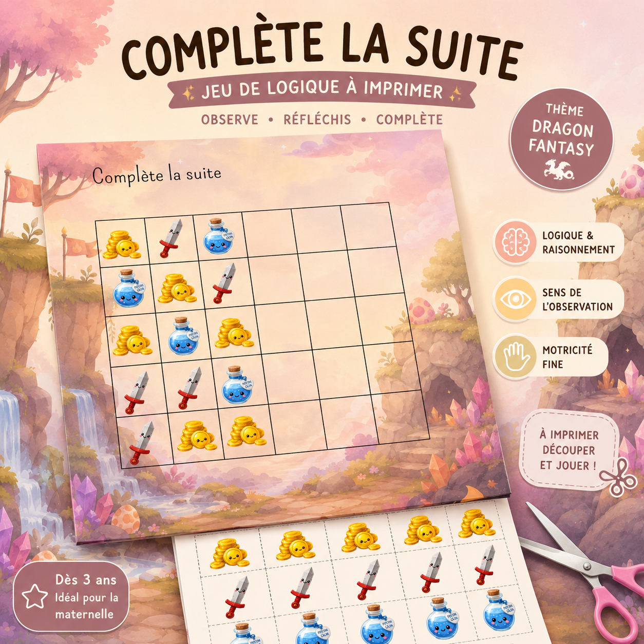 🐉 Complète la suite – Jeu de logique à imprimer | Activité maternelle dragon fantasy
