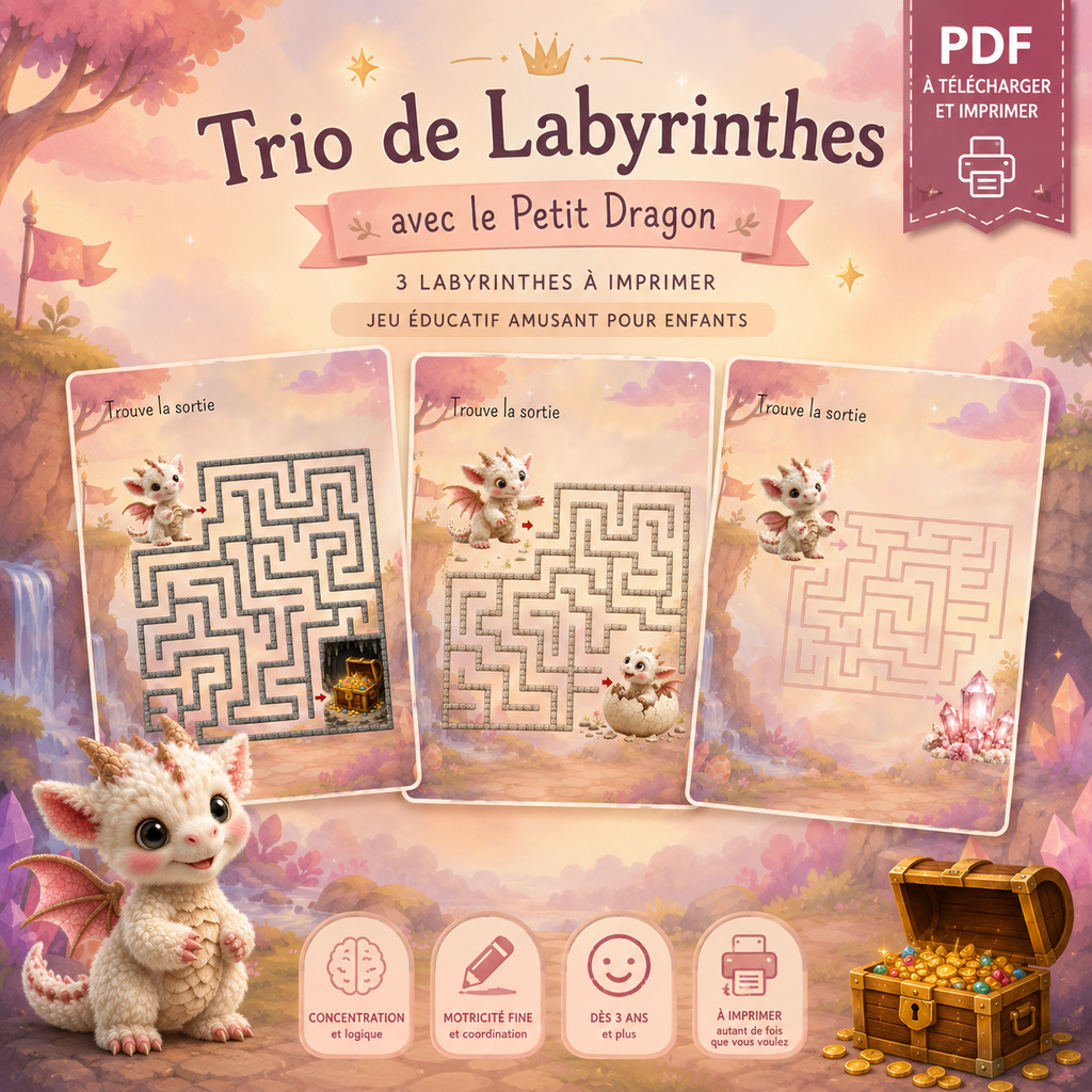 🐉 Little Dragon Labyrinths Trio | Printable Educational PDF Game for Kids