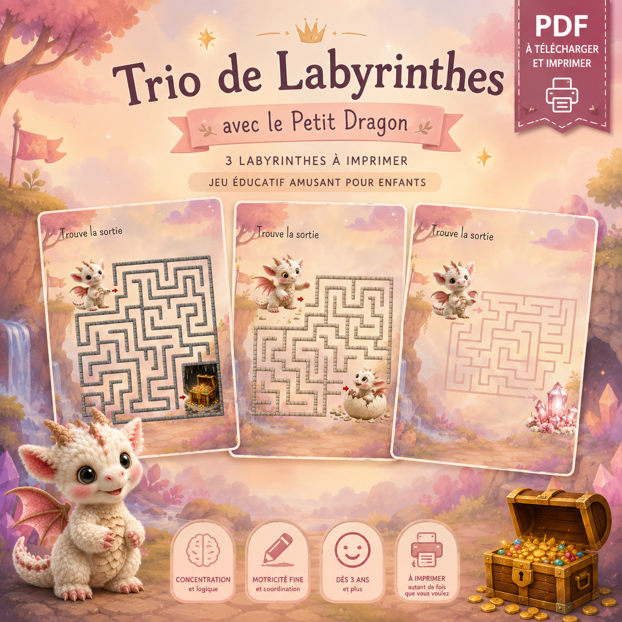 🐉 Trio de Labyrinthes du Petit Dragon | Jeu éducatif PDF à imprimer pour enfants