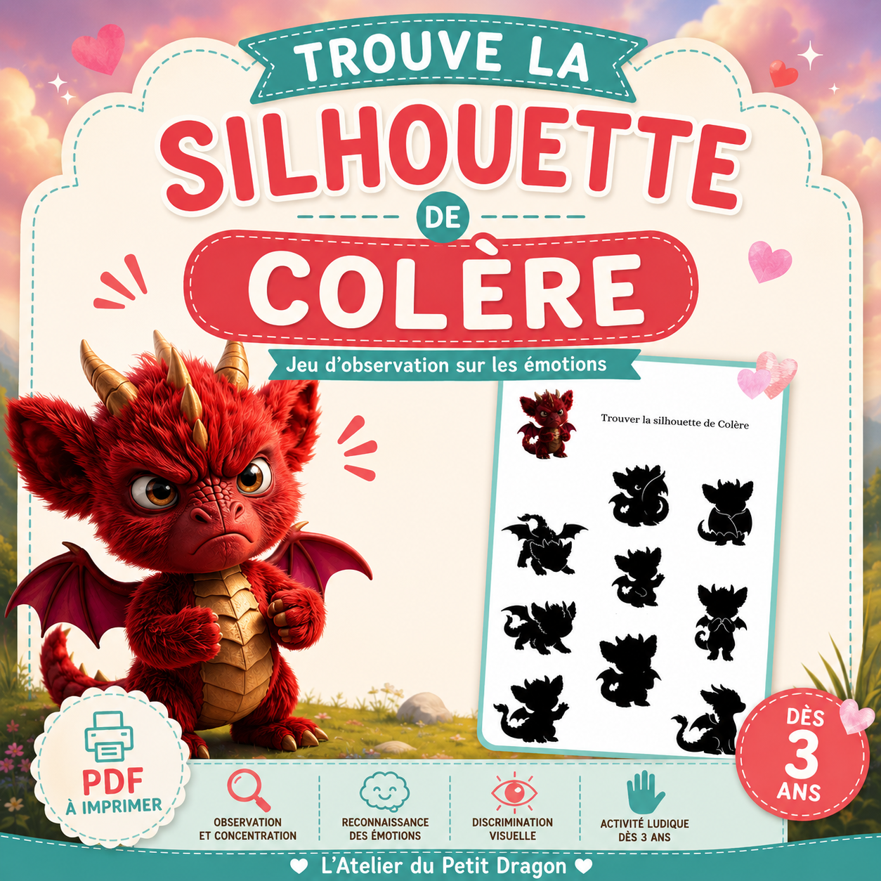 Trouve la silhouette de Colère | Jeu éducatif PDF à imprimer | Activité émotions maternelle