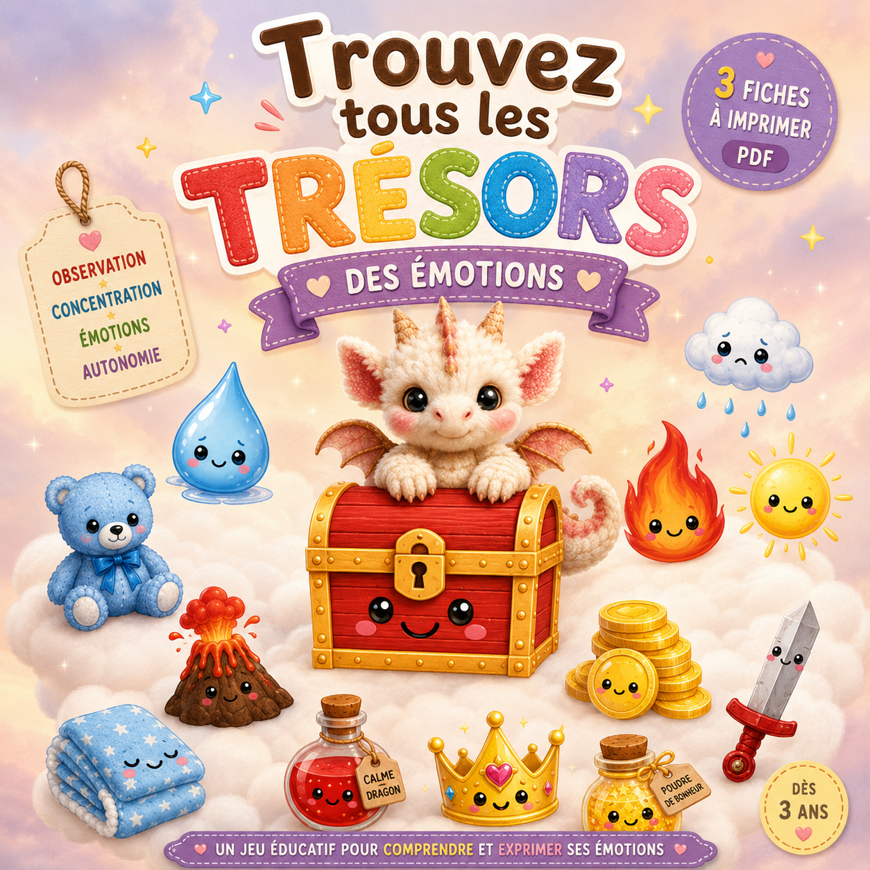 Pack émotions à imprimer – Trouve les trésors cachés | Jeu éducatif maternelle PDF