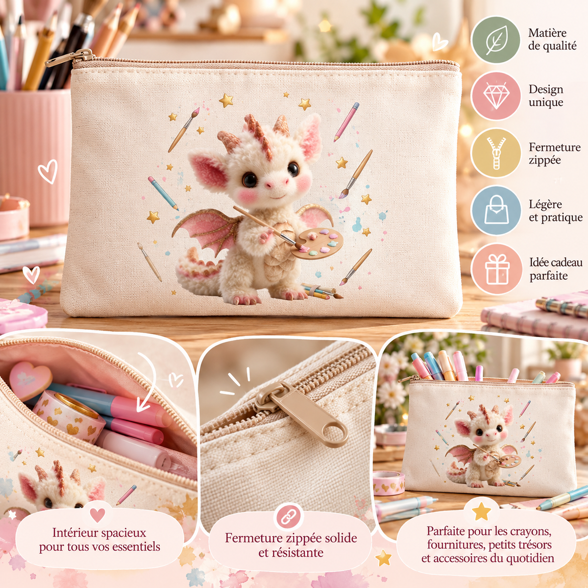 🎨 Pochette zippée « Petit Dragon Artiste »