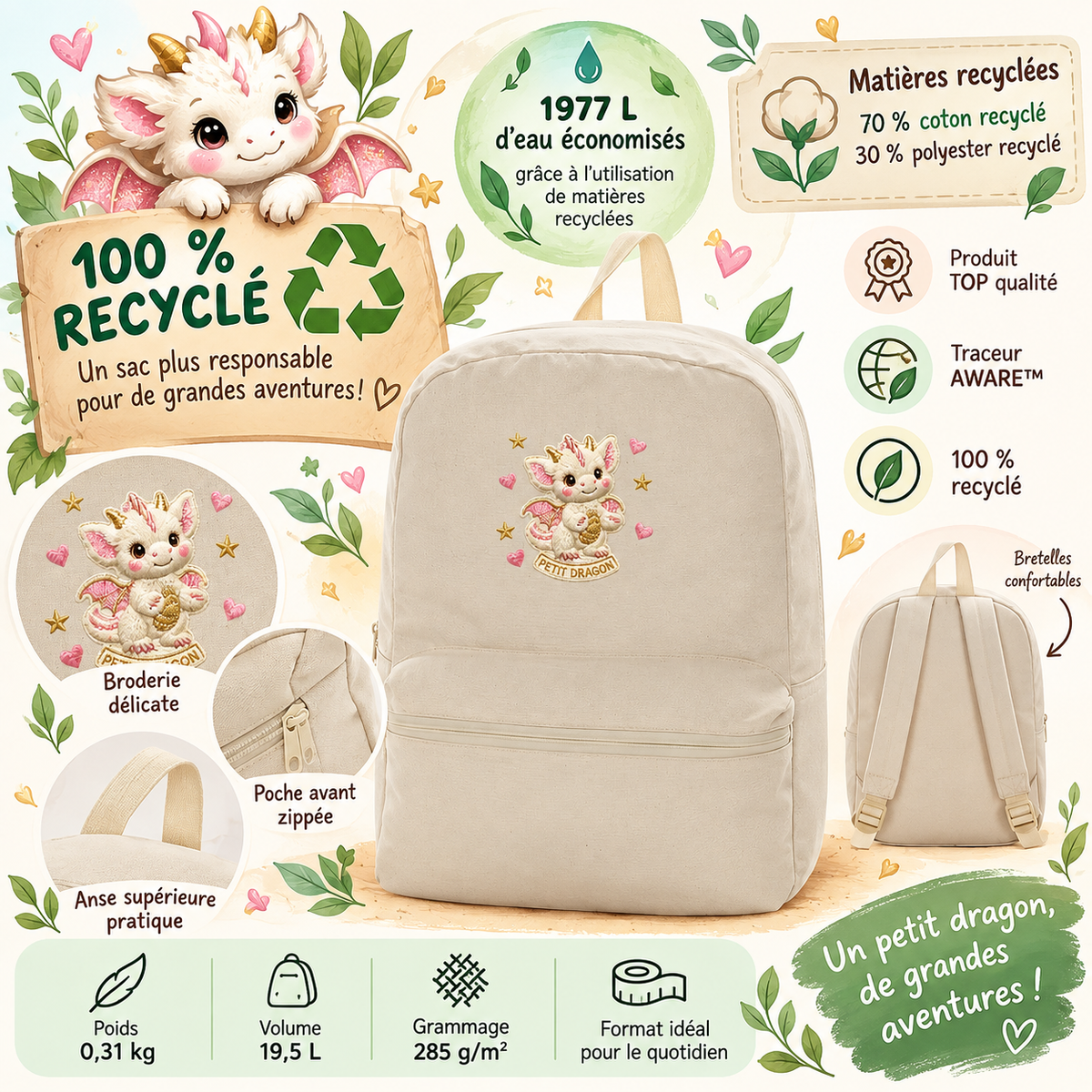 🐉 Sac à dos 100 % recyclé – Petit Dragon
