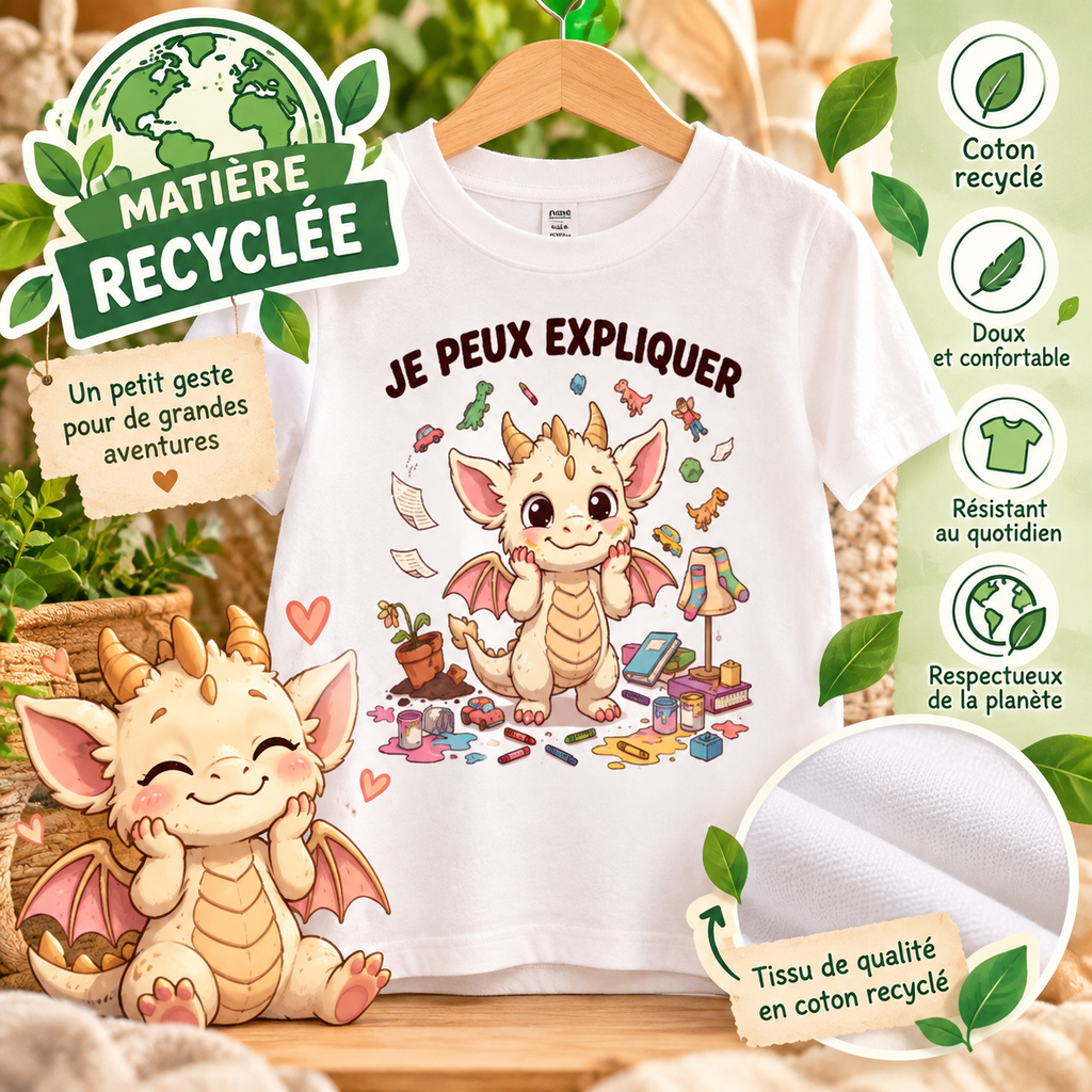 T-shirt enfant dragon humoristique « Je peux expliquer »