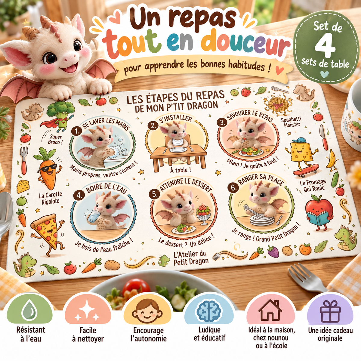 Set de table enfant « Les étapes du repas de mon P’tit Dragon » 🐉🍽️