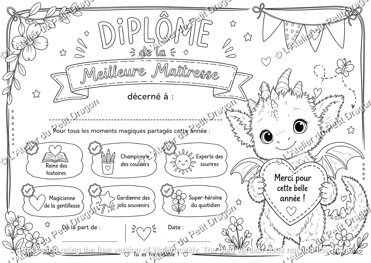 Diplôme de la Meilleure Maîtresse – À colorier et personnaliser | Cadeau fin d'année | PDF à imprimer