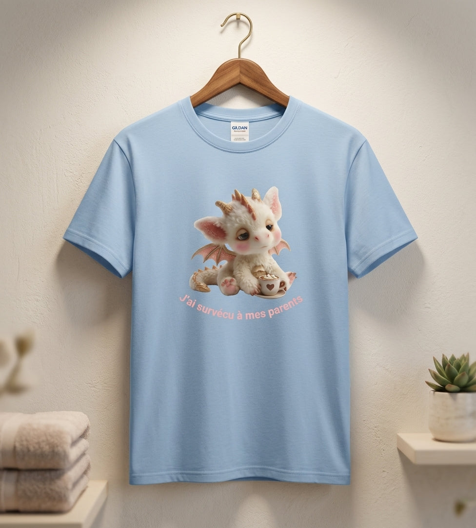 T-shirt enfant humour « J'ai survécu à mes parents » ras du cou