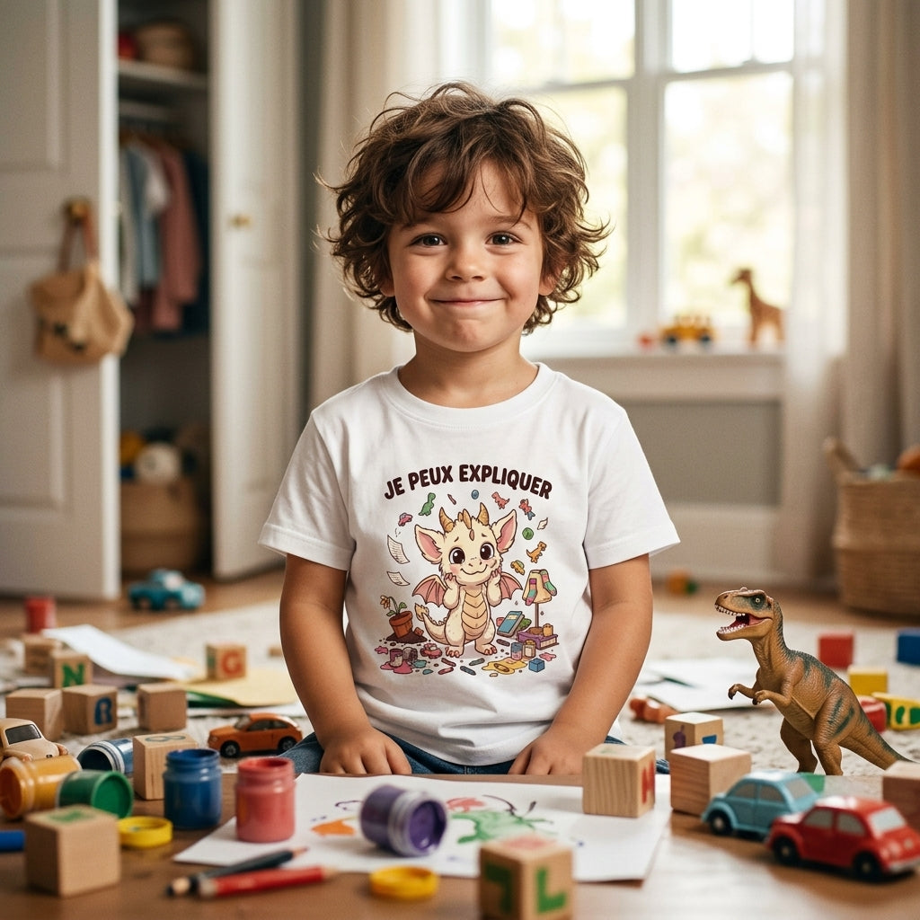 T-shirt enfant dragon humoristique « Je peux expliquer »