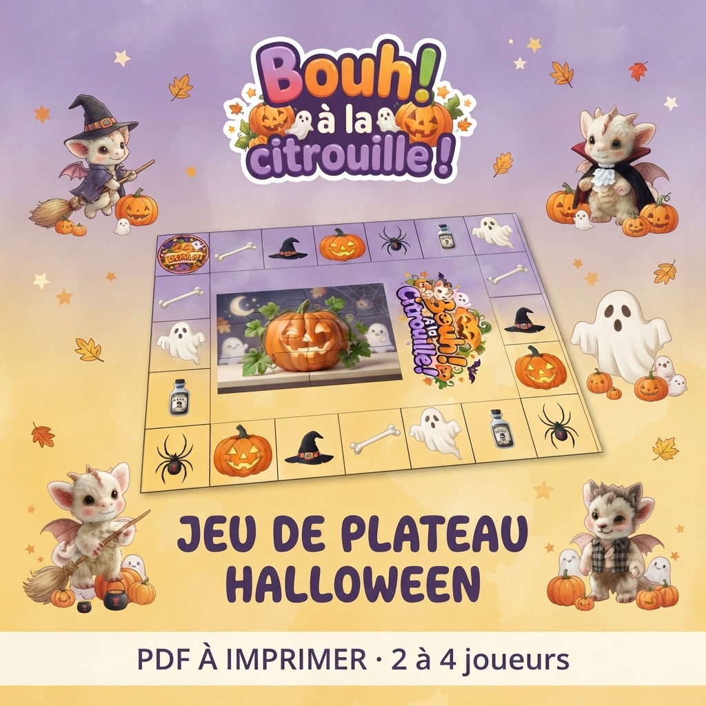 Bouh ! à la citrouille ! – Jeu de plateau Halloween pour enfants, 2 à 4 joueurs – PDF à imprimer