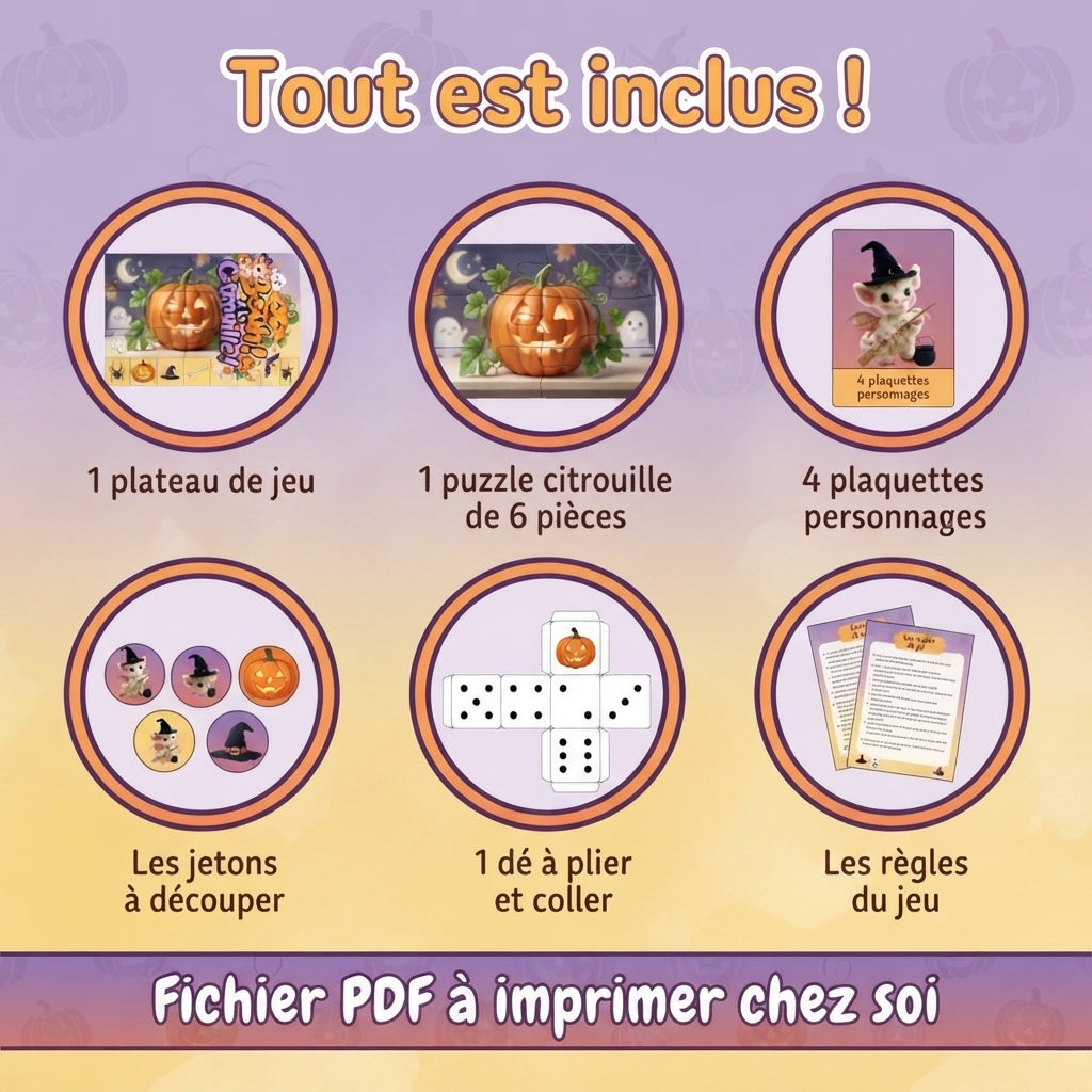Bouh ! à la citrouille ! – Jeu de plateau Halloween pour enfants, 2 à 4 joueurs – PDF à imprimer