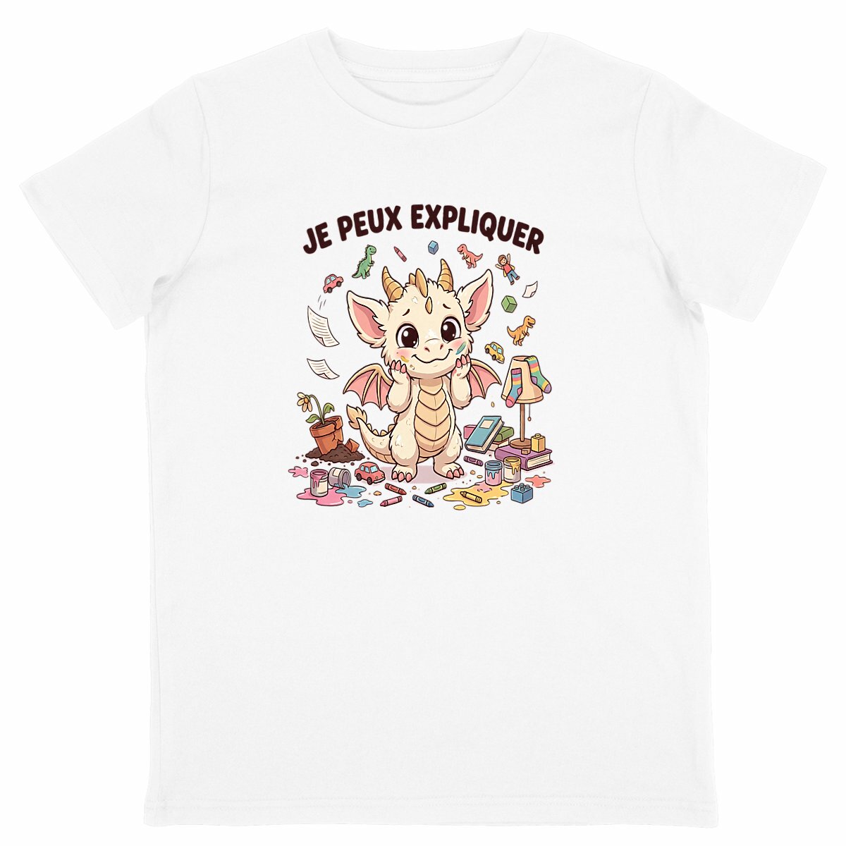 T-shirt enfant dragon humoristique « Je peux expliquer » - face_blanc