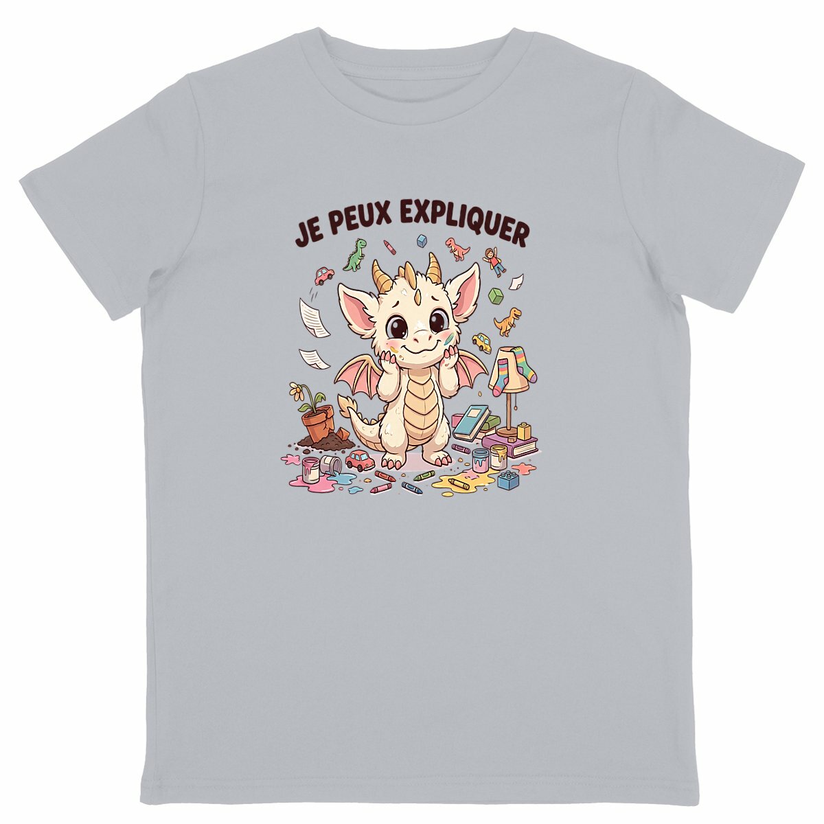 T-shirt enfant dragon humoristique « Je peux expliquer » - face_gris
