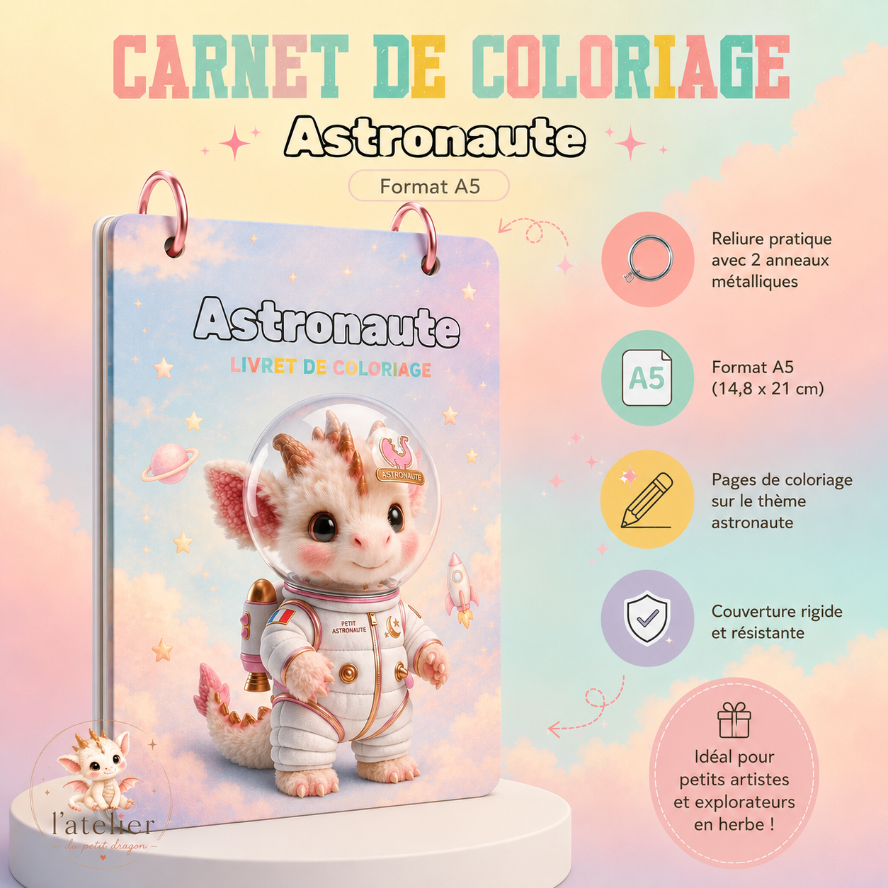 Astronaut Coloring Book — 9 printable pages | A5 format | Creative activity for children aged 3-8