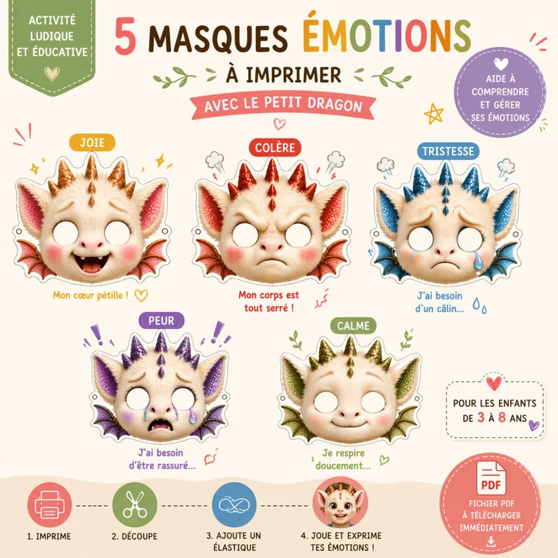 Masques émotions enfant à imprimer – Petit Dragon | Jeu éducatif maternelle | Colère Joie Tristesse Peur Calme | PDF activité enfant