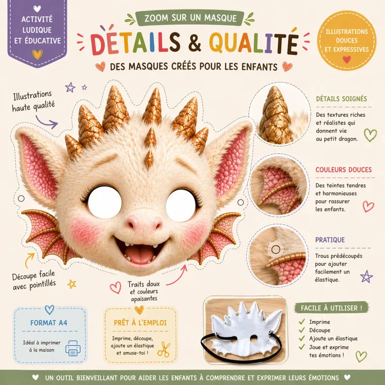 Masques émotions enfant à imprimer – Petit Dragon | Jeu éducatif maternelle | Colère Joie Tristesse Peur Calme | PDF activité enfant