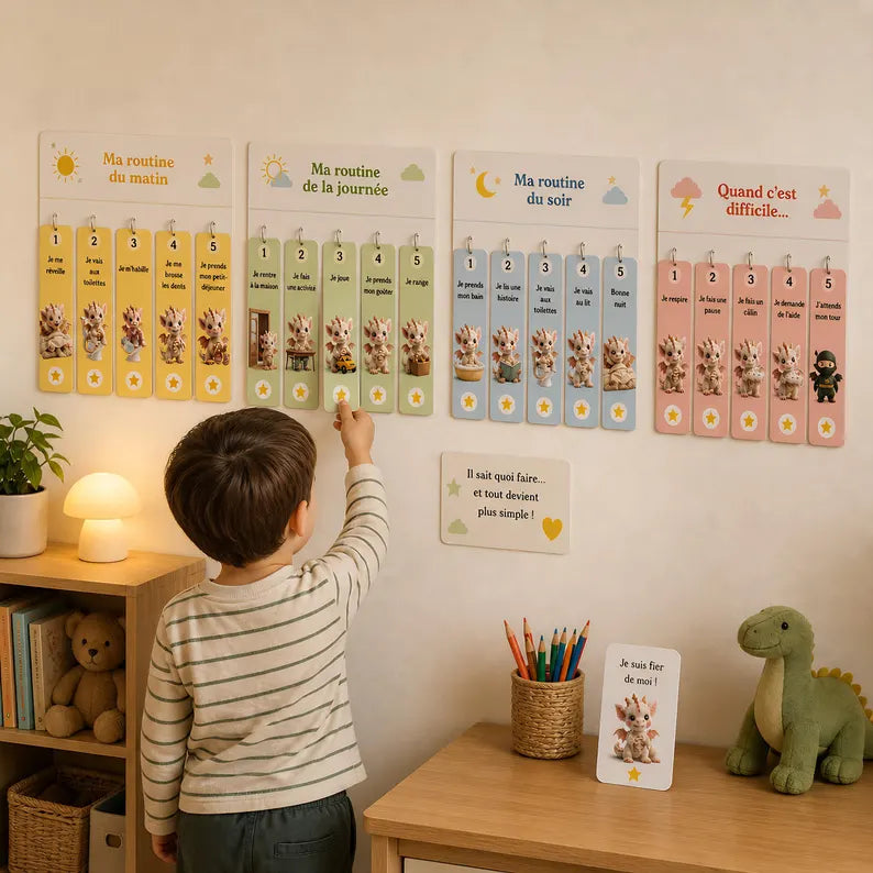 Routines enfant illustrées | Matin, journée, soir & moments difficiles | Cartes éducatives émotions | Outil apaisement enfant