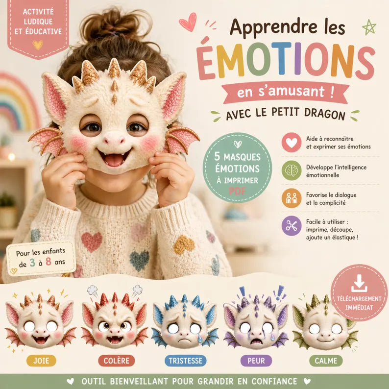 Masques émotions enfant à imprimer – Petit Dragon | Jeu éducatif maternelle | Colère Joie Tristesse Peur Calme | PDF activité enfant