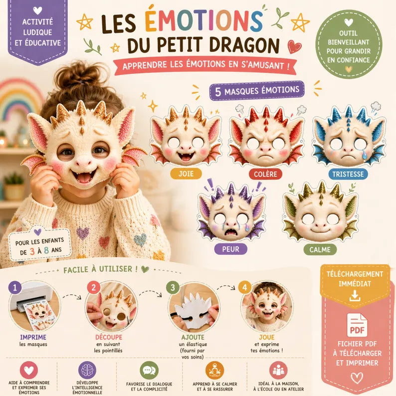 Masques émotions enfant à imprimer – Petit Dragon | Jeu éducatif maternelle | Colère Joie Tristesse Peur Calme | PDF activité enfant