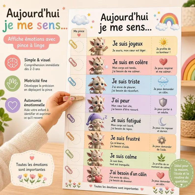 Affiche émotions enfant avec pince à linge – Aujourd’hui je me sens – Tableau émotions maternelle – Outil éducatif Montessori – Petit dragon