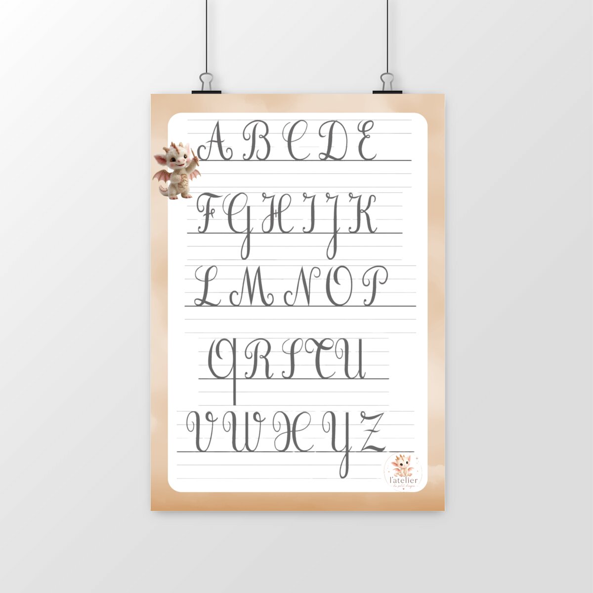 Poster Éducatif Majuscules Cursives avec Lignes Seyes – Apprentissage de l'Écriture & Call - portrait